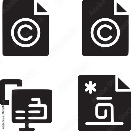A collection of four black and white icons featuring copyright symbols and a computer screen icon set