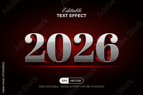 2026 New Year Text Effect Silver Red Shiny Style. Editable Text Effect.