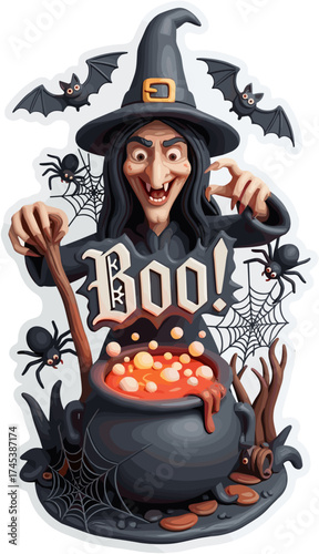 Cartoon witch stirring bubbling cauldron Boo sign bats spiders for Halloween