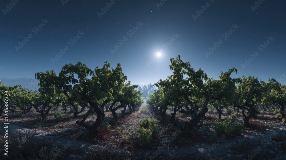 Obraz premium Moonlit Grapefruit tree vineyard Silver Serenity
