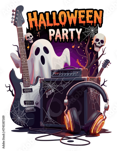 Halloween party music gear with ghost guitar amp and skulls spooky celebration