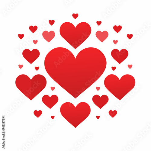 A vibrant arrangement of red hearts of various sizes, symbolizing love and affection, set against a clean white background.