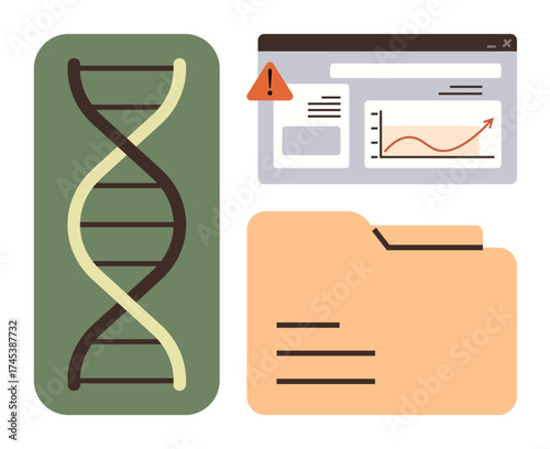 DNA strand, analytics dashboard with warning icon, and folder suggest research, data storage, analysis, and biology. Ideal for science, healthcare, data security analytics biotech education
