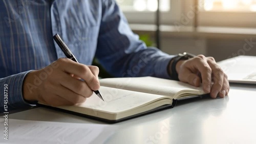 Man at a desk writing in a notebook, business strategy, planning, and creativity