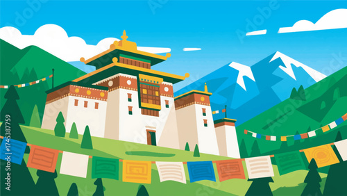 Illustration Of A Traditional Bhutanese Dzong In A Green Valley With A Waving Flag Vector Design Template