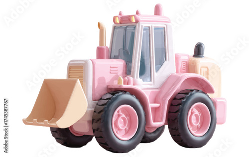 Adorable pink toy bulldozer with big tires ready for playtime adventures, a charming vehicle for kids imaginations and delightful construction fun