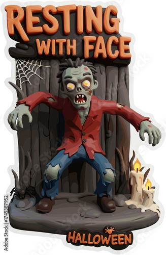 Cartoon zombie with glowing eyes in a spooky Halloween scene with spider and candles