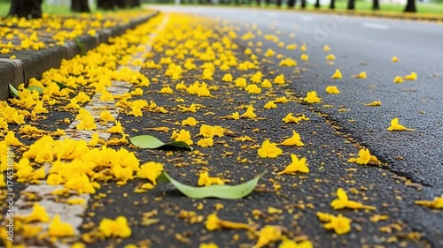 Vibrant yellow petals and a few green leaves are scattered across a textured dark asphalt road, creating a striking natural pattern. A concrete curb runs along the left side, with a faint white road m