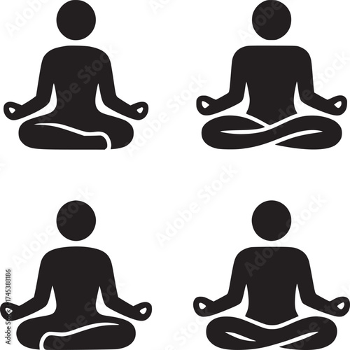 Four black yoga icons arranged in a square on a white background representing meditation and mindfulness