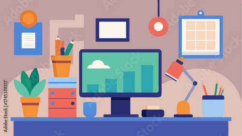 A bustling creative workspace with an artists desk displaying sketchpads paint supplies a laptop showcasing graphic design software and a mood board on the wall.