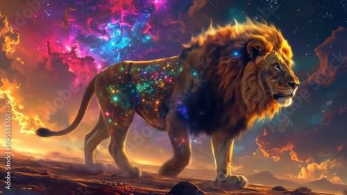 Majestic Lion Infused With Cosmic Nebula Walking Across the Desert Landscape