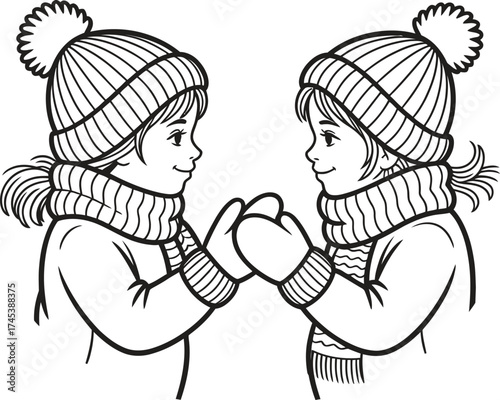 Two children in winter hats and scarves holding hands