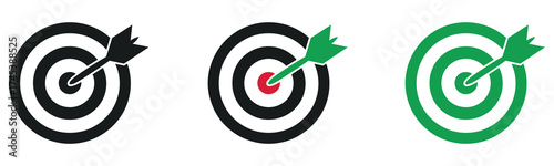 Vector illustration of a target with an arrow hitting the center — modern flat design symbolizing accuracy, goal achievement, focus, and business success, isolated on a white background.