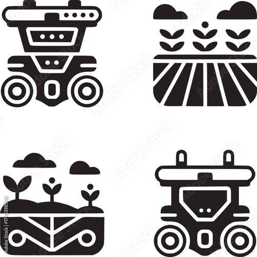 Four black glyph icons depicting agriculture technology and farming automation on a white background