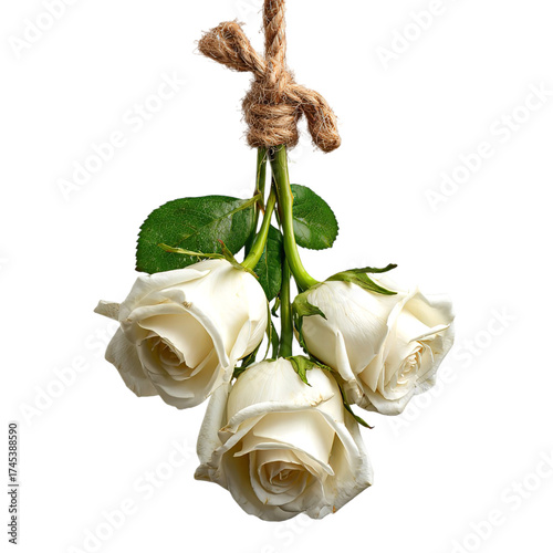 Three delicate white roses tied together with twine and hanging, isolated on transparent background