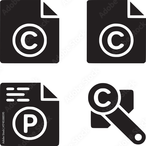 Four copyright and patent icons displayed in a grid format on a white background in a vector style