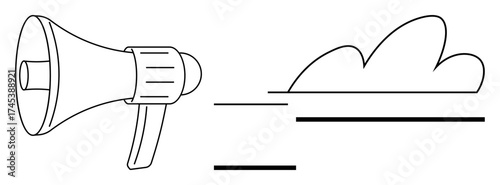 Megaphone projecting sound waves toward an abstract cloud shape. Ideal for communication, marketing, announcements, collaboration, networking, digital media, and public speaking. Simple flat metaphor