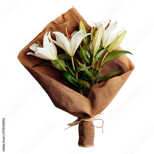A beautiful bouquet of white lilies elegantly wrapped in burlap, isolated on a transparent background, perfect for floral arrangements and celebrations