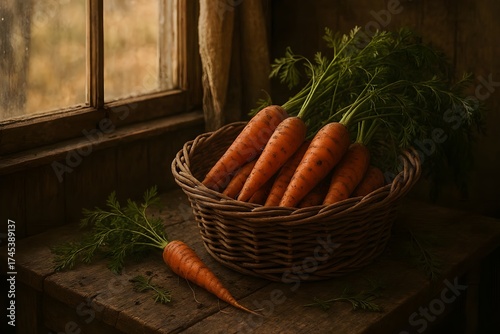  Rustic Farmhouse Still Life: Fresh Whole Carrots with Green Tops in a Woven Basket by a Wooden Window.