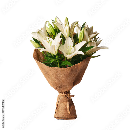 A beautiful bouquet of white lilies elegantly wrapped in burlap, isolated on transparent background