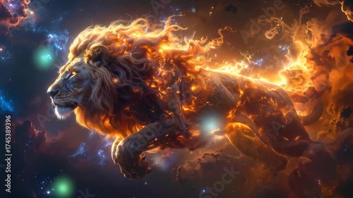 Majestic Celestial Lion: An Artistic Representation of Fiery Cosmic Power