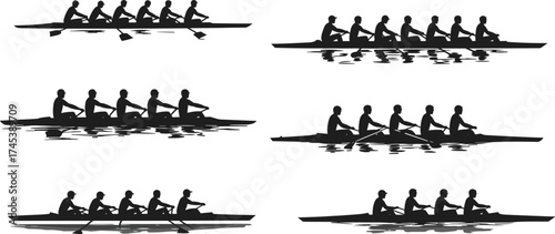 Silhouette rowing team paddling together on river, teamwork and coordination in water sport competition, black athlete figures, isolated vector illustration design