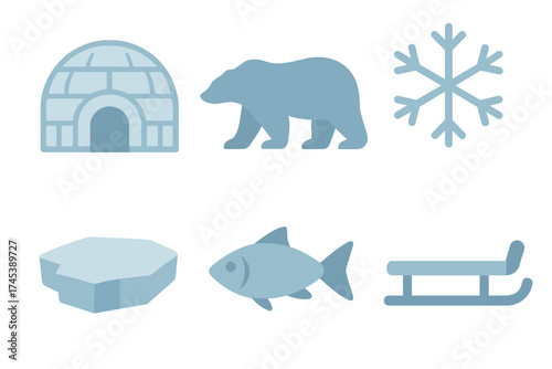 Set of flat design icons representing Arctic and winter environment elements