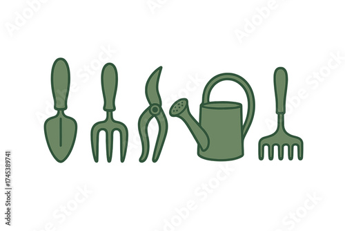 Essential gardening equipment collection featuring shovel, hand fork, pruning shears, watering can, and rake