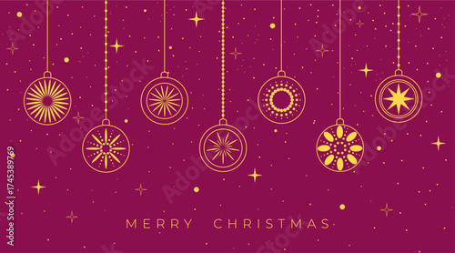 Minimalist Christmas card with hanging golden ornaments on burgundy background. Modern linear holiday design for winter celebration, invitations, or postcards.