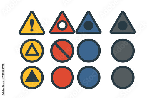 Collection of various safety, warning, prohibition, and informational road signs and symbols in flat design style