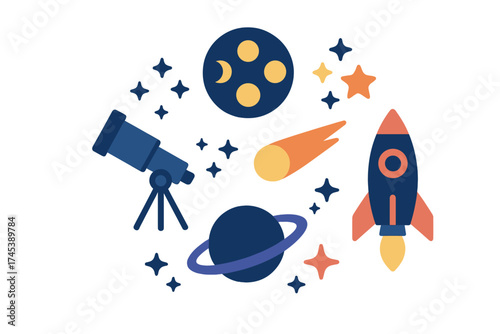 Collection of astronomy and space exploration objects including telescope, rocket, planets, and stars