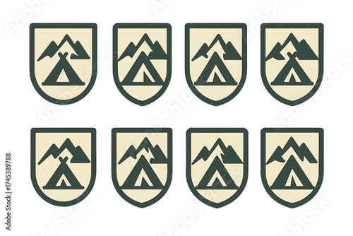Vintage style outdoor adventure badge with mountains and camping tent symbol