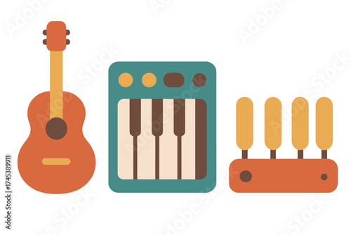 Flat design collection of musical instruments: guitar, keyboard, and percussion