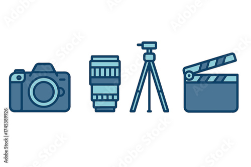Essential photography and filmmaking gear: camera, lens, tripod, and movie slate