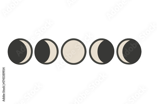 Minimalist set of five lunar phases showing the cycle of the moon in dark gray and beige