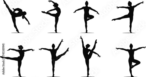 Silhouette female dancer performing elegant ballet and contemporary dance poses, flexible woman body movement art illustration, black isolated vector design