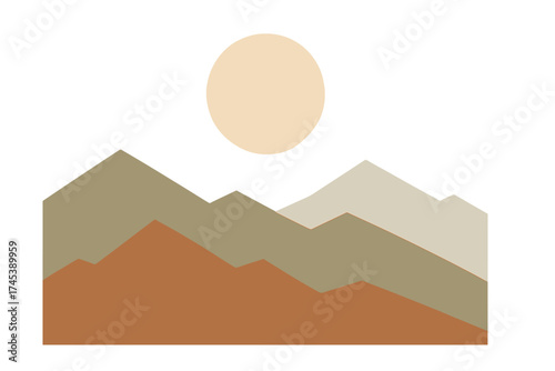 Earthy tone geometric mountain landscape with layered peaks and a pale yellow sun