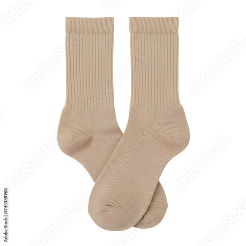 Two beige socks arranged against the backdrop. These socks appear soft and comfortable, perfect for casual wear
