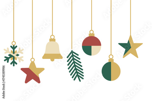 Stylized Christmas ornaments, stars, snowflakes, and bells hanging on strings