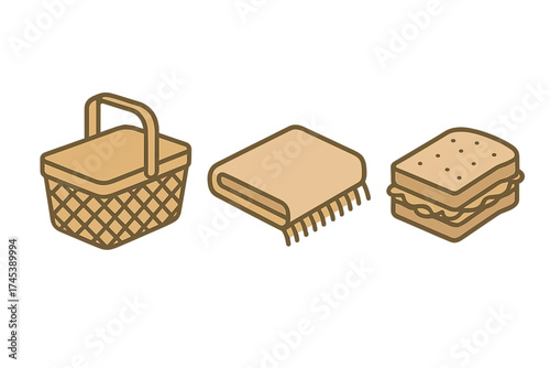 Isometric icons set of essential picnic items: woven basket, blanket, and sandwich
