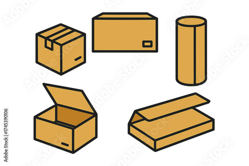 Set of various cardboard shipping boxes and packaging containers in isometric view for logistics