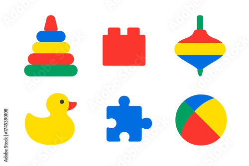 Colorful collection of classic children's toys: stacking rings, building block, rubber duck, and puzzle piece