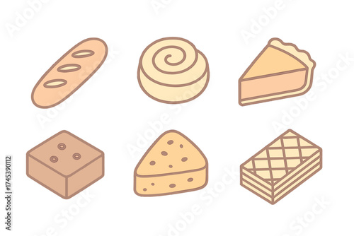 Collection of isometric icons featuring various baked goods, sweet desserts, and pastry items
