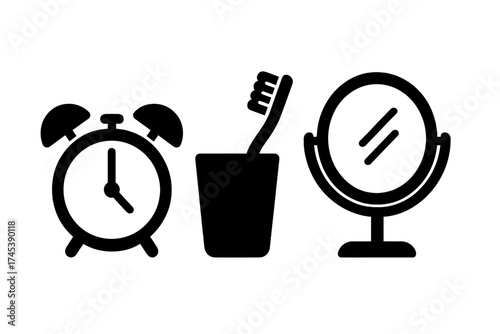 Essential morning routine objects including alarm clock, toothbrush, and desk mirror