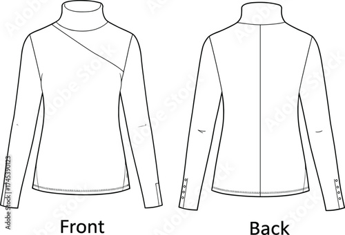 Long sleeve turtleneck top technical sketch, asymmetrical seam, button cuff detail, front and back view, garment construction, CAD drawing flat vector illustration