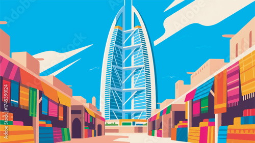 Illustration Of Bahrain Building And Traditional Market Vector Design Template