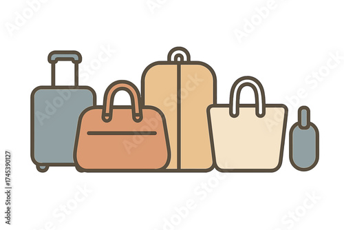 Grouping of essential travel accessories including suitcases and duffel bags