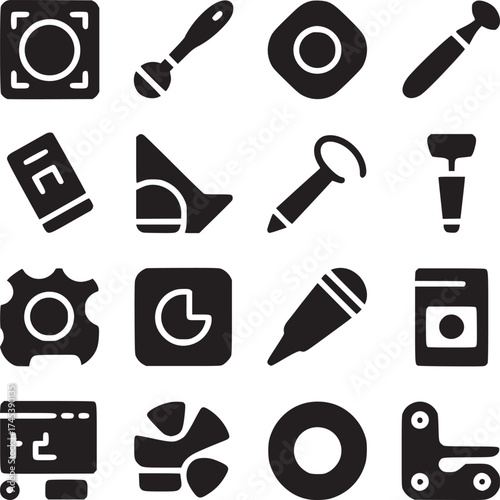 A collection of sixteen different black glyph icons arranged in a rectangular grid pattern on white