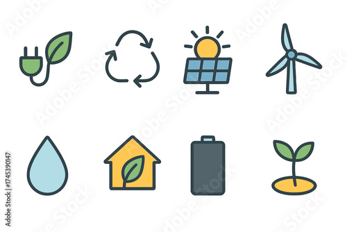 Flat line icons depicting renewable energy, recycling, and sustainable living concepts
