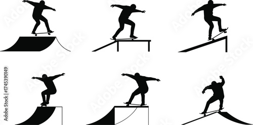 Skateboarder performing tricks on ramp and rail, urban street sport silhouette, extreme skateboarding motion illustration, black vector design for action art concept